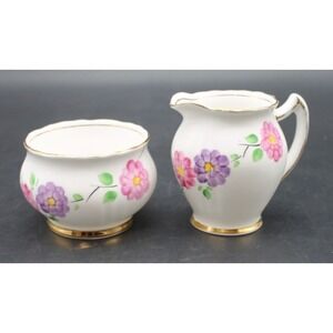 Vintage Phoenix Bone China Creamer Sugar Bowl Set England Pink Purple Floral